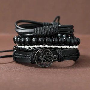 NEW Handmade 4pcs Men's Vintage Black Breaded Leather Woven Bracelet